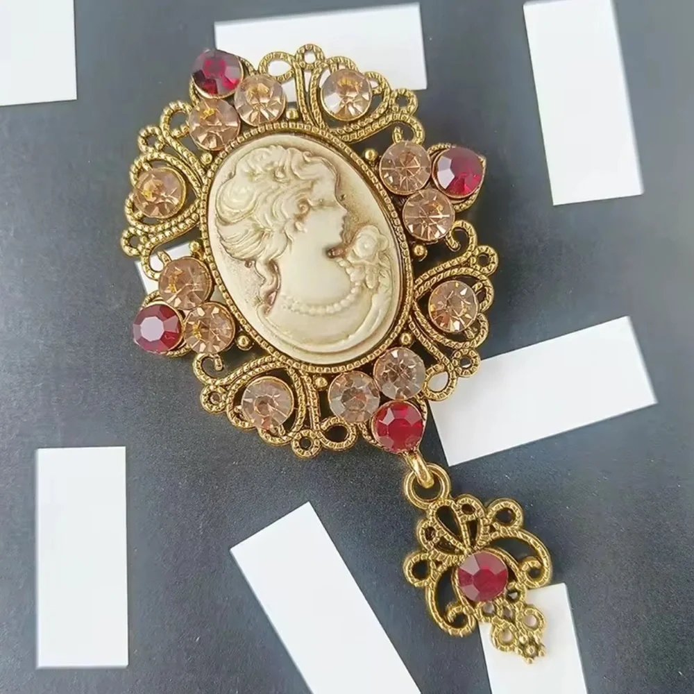 Women Vintage Cameo Brooch with Red and Gold Accents